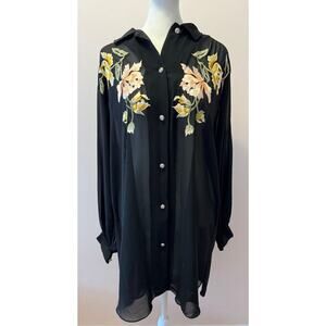 Vintage NATORI Embroidered Sheer Dress Beach Cover Up Tunic Blouse Petite